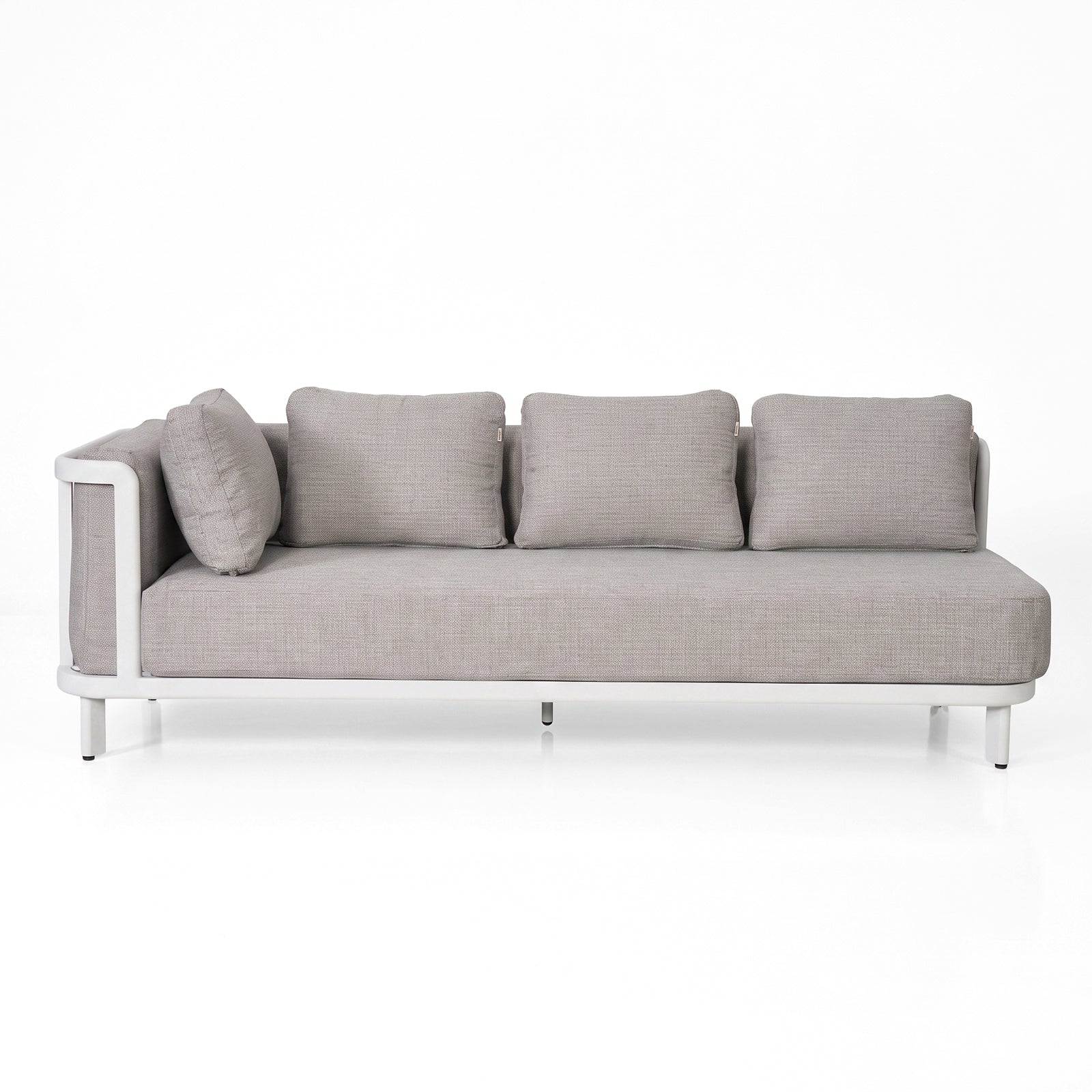 Modern light gray sofa with three back cushions and one arm cushion on a white background.