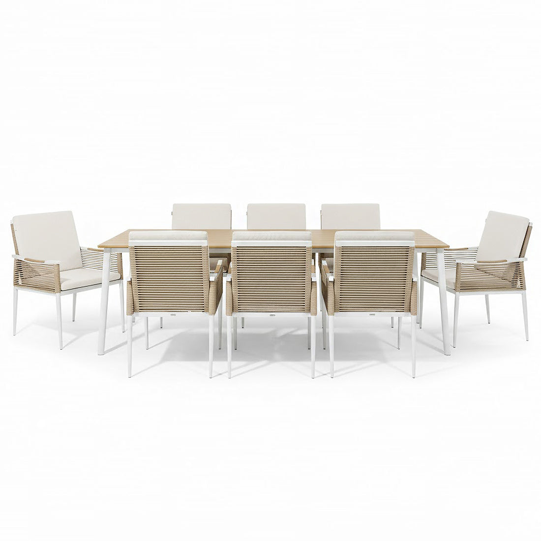 Casara 9 Piece Outdoor Dining Set in White and Beige features a light-wood table with white metal legs, six side chairs, and two armchairs with beige rope-woven backs and cushioned seats.