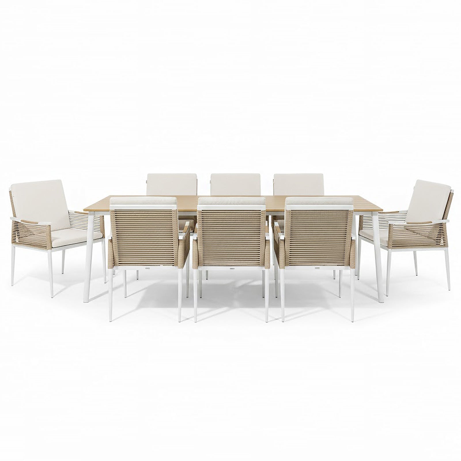 Casara 9 Piece Outdoor Dining Set in White and Beige features a light-wood table with white metal legs, six side chairs, and two armchairs with beige rope-woven backs and cushioned seats.