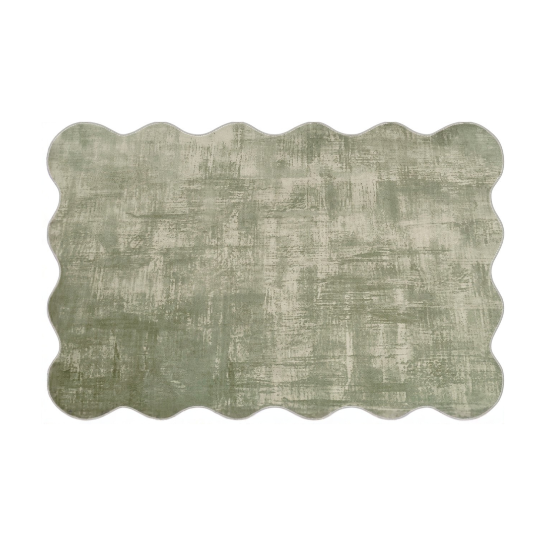 Rectangular scalloped-edge area rug in muted sage green on a white background.