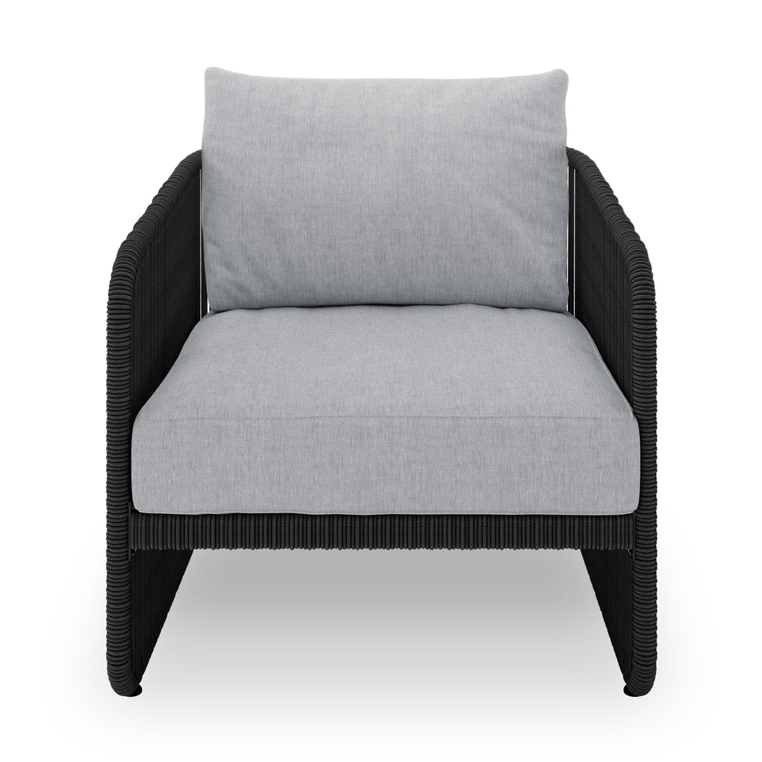 Solari 4 Seater Wicker Outdoor Sofa Set in Black features a sleek single-seat lounge chair, black woven frame, and thick light-gray cushions, epitomizing modern outdoor comfort and style.