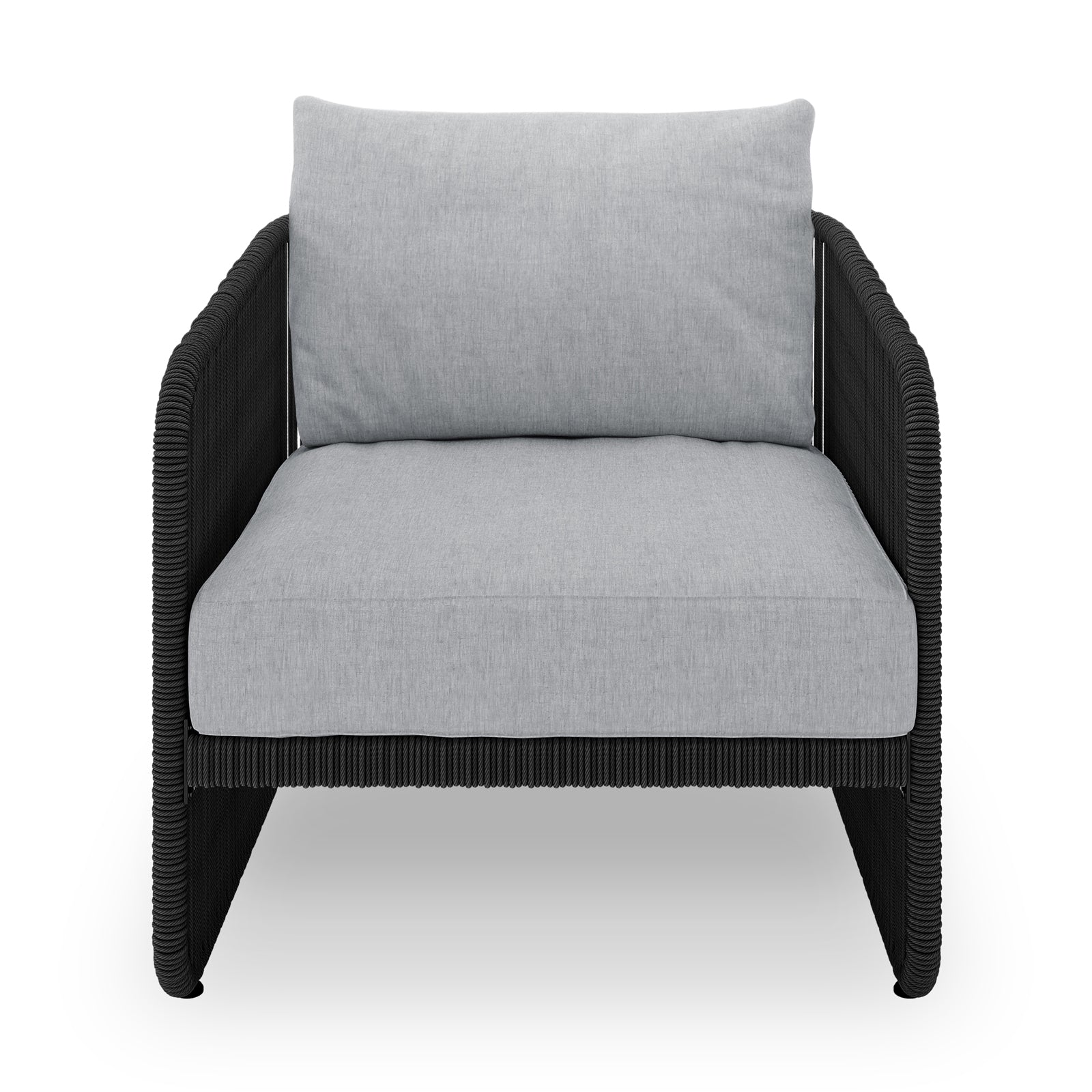 Solari 4 Seater Wicker Outdoor Sofa Set in Black features a sleek single-seat lounge chair, black woven frame, and thick light-gray cushions, epitomizing modern outdoor comfort and style.