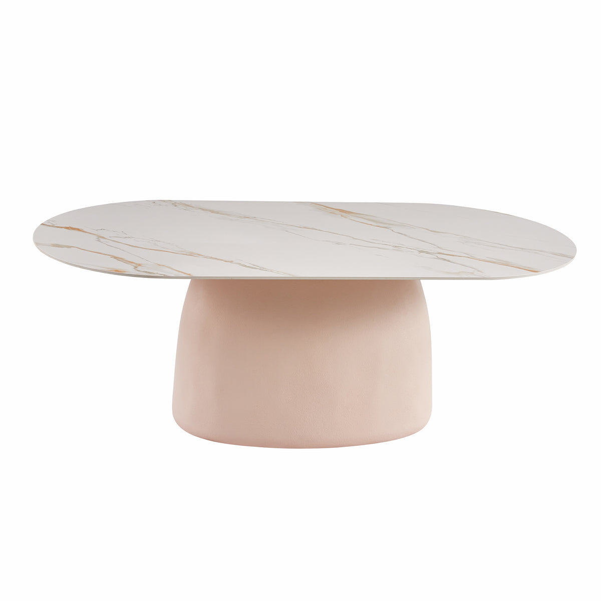 Contemporary oval coffee table with white marble-effect top and blush pink base on white background