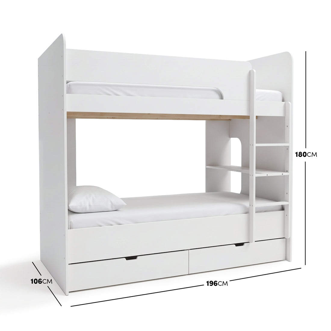 White bunk bed with storage drawers on a white background with dimensions shown