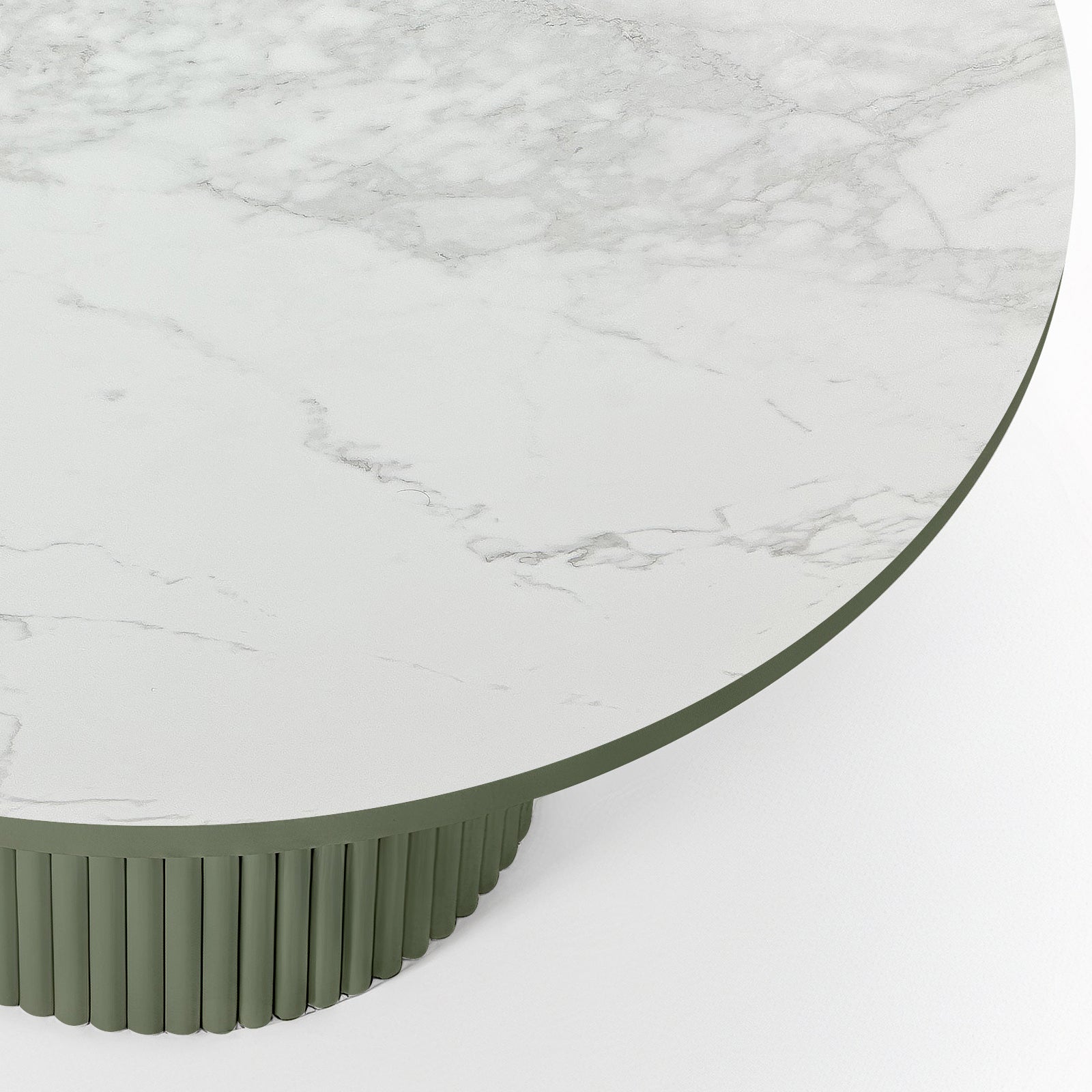 Evone Aluminium Outdoor Dining Table in Green, featuring a round, marble-patterned tabletop with a muted olive-green edge and a matching green, vertically fluted cylindrical base, showcasing modern elegance.