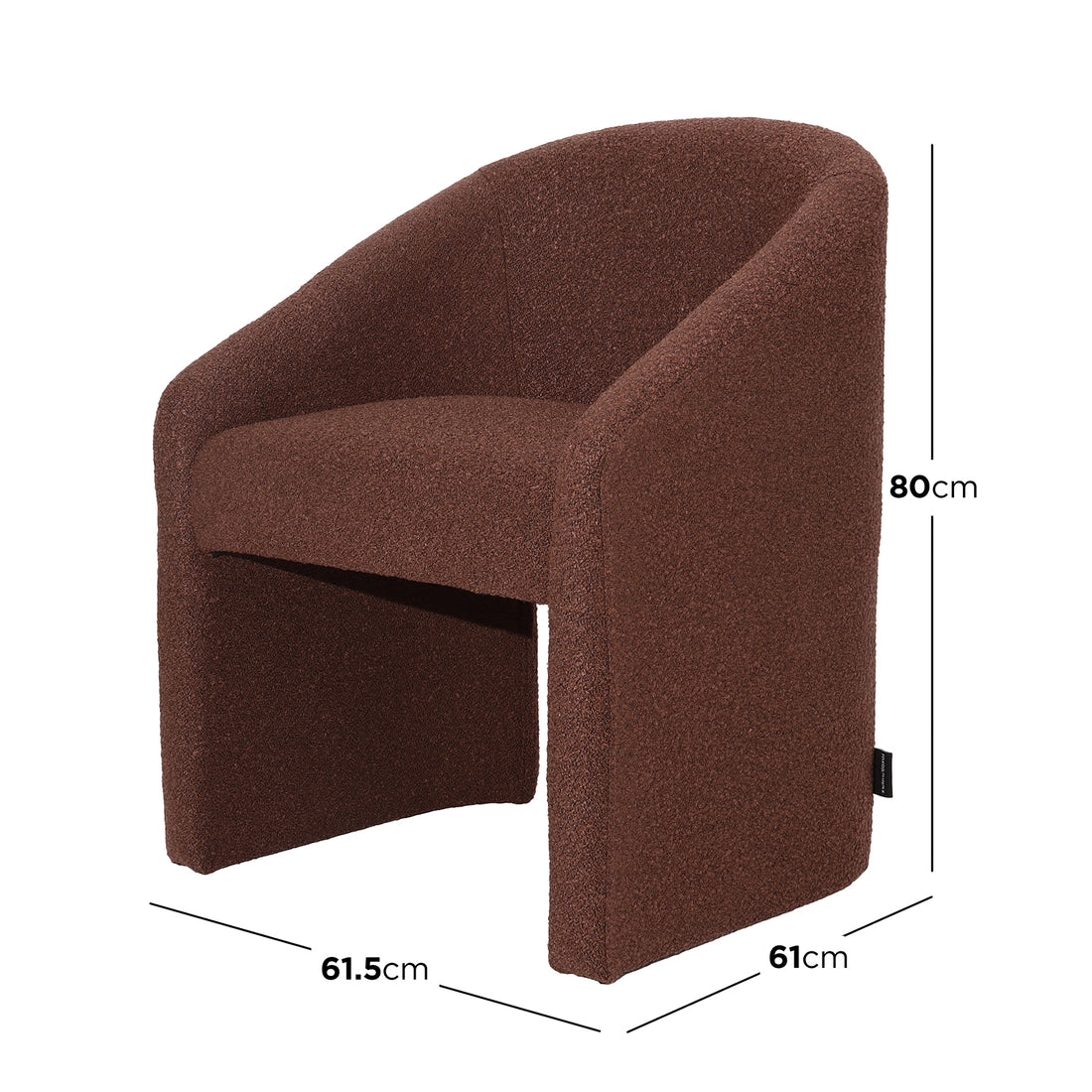 Nuve Bouclé Upholstered Accent Armchair in Rust Brown, featuring a curved design, brown textured fabric, and compact dimensions, ideal for stylish comfort and support in small spaces.