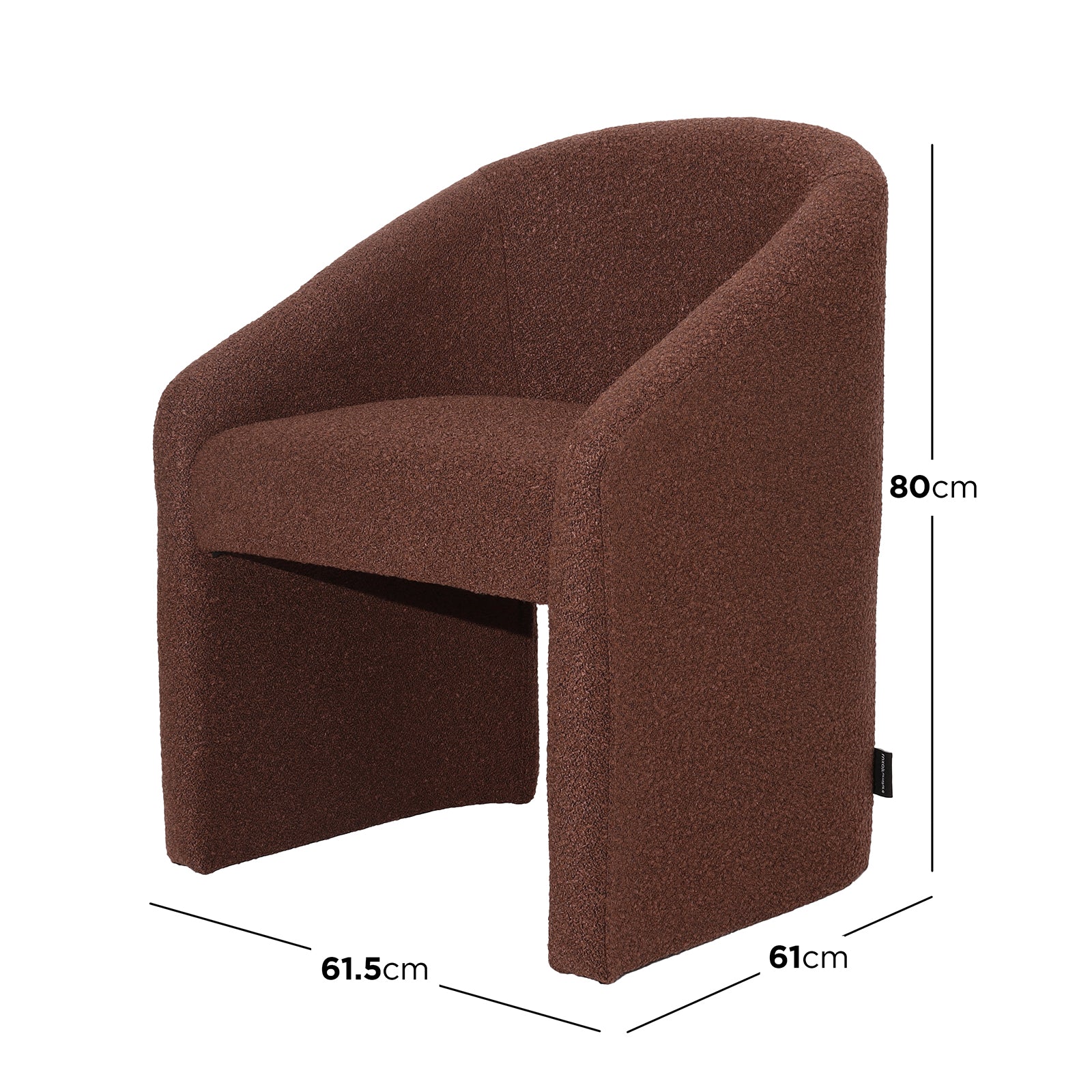 Nuve Bouclé Upholstered Accent Armchair in Rust Brown, featuring a curved design, brown textured fabric, and compact dimensions, ideal for stylish comfort and support in small spaces.