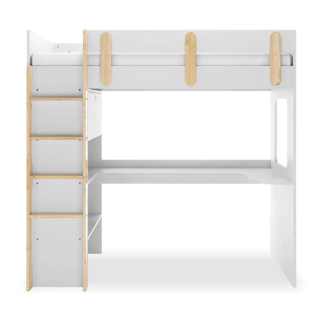 Hann Kids Single Loft Bed Desk Storage in White and Natural features a loft-style bed with a vertical ladder, raised mattress platform, and underneath open-plan desk area with shelving and workspace.