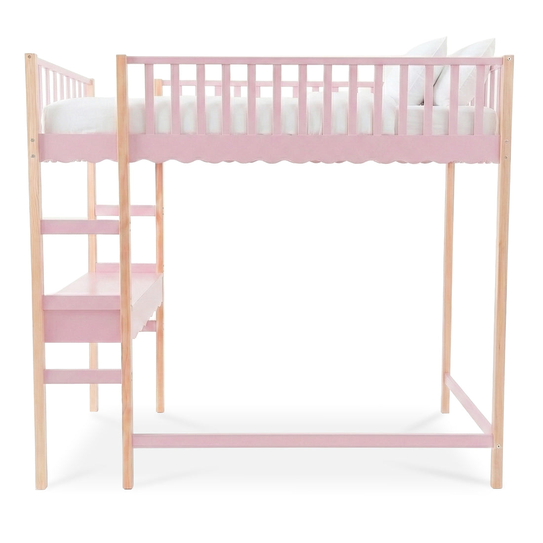 Loft bed with desk area beneath on white background