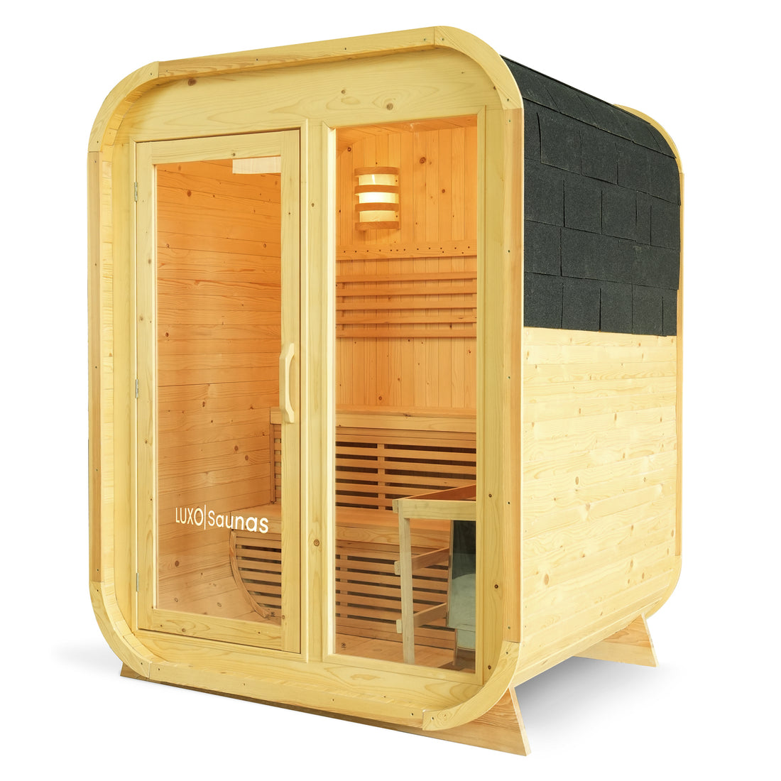 Waru 3 Person Traditional Finnish Outdoor Sauna in Natural, a compact barrel-style cabin with glass doors, wooden benches, and a wall-mounted light, offering an authentic sauna experience in a small backyard space.