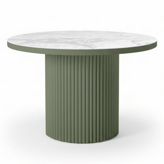 Evone Aluminium Outdoor Dining Table in Green features a round, marble-patterned tabletop and a fluted, cylindrical base, ideal for stylish, low-maintenance outdoor dining.