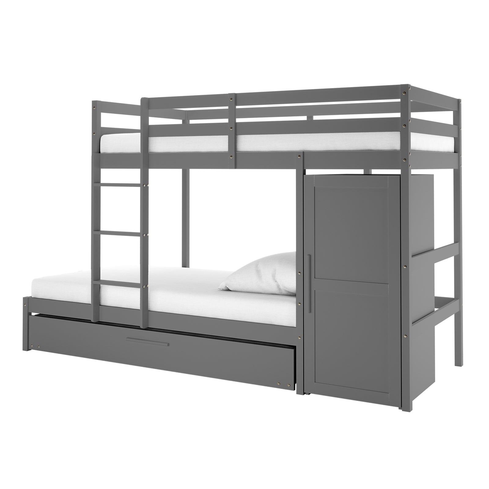 Aron Single Storage Bunk Bed with Trundle in Grey featuring a twin top bunk, full-size bottom bed, left ladder, right cabinet, and pull-out trundle for additional storage.