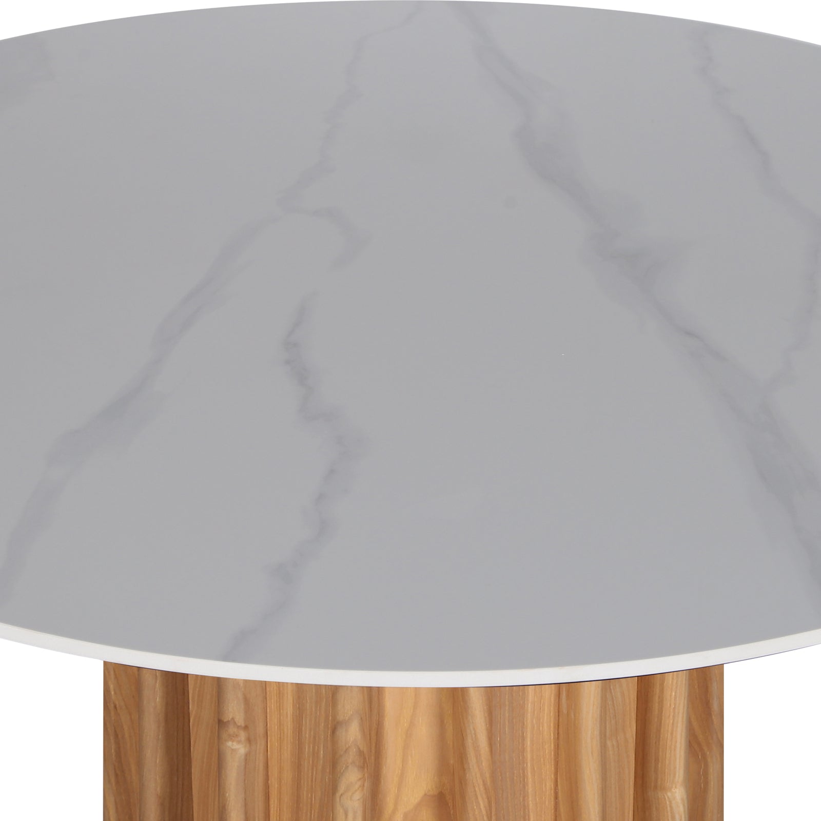 Gabi 120cm Marble Look Dining Table in Oak features a round faux-marble top and a fluted wooden pedestal base, offering modern elegance and practical design for compact dining spaces.