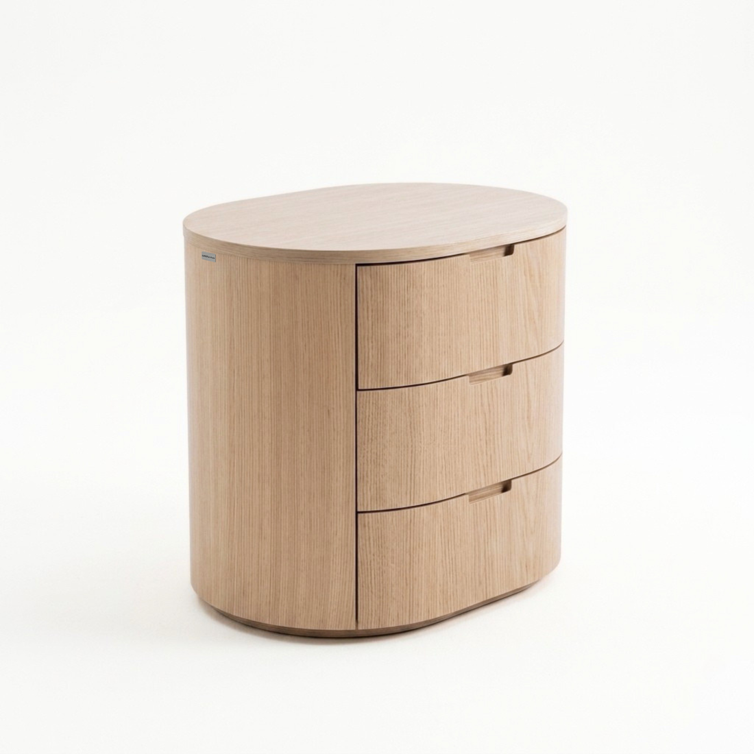 Contemporary oval-shaped wooden chest of drawers on a white background