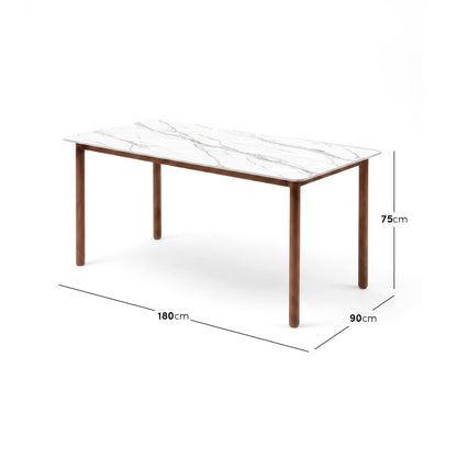 Dining table on white background with dimension lines showing 75 cm height, 180 cm length, and 90 cm width