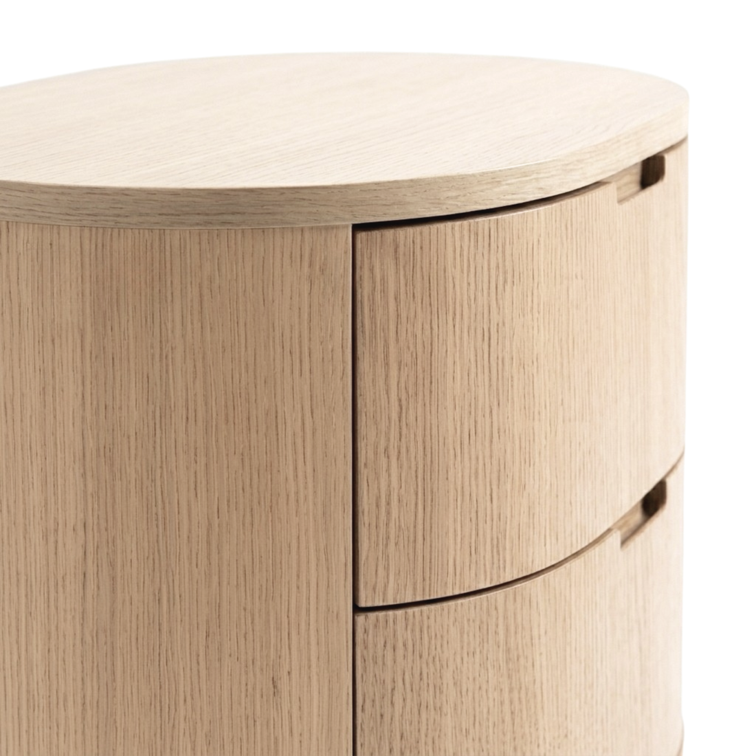 Close-up of the upper section of a light wood storage unit on a white background