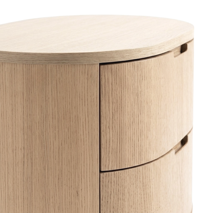 Close-up of the upper section of a light wood storage unit on a white background