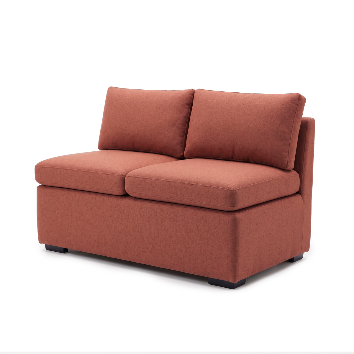 Compact two-seat rust terracotta modular sofa on a white background