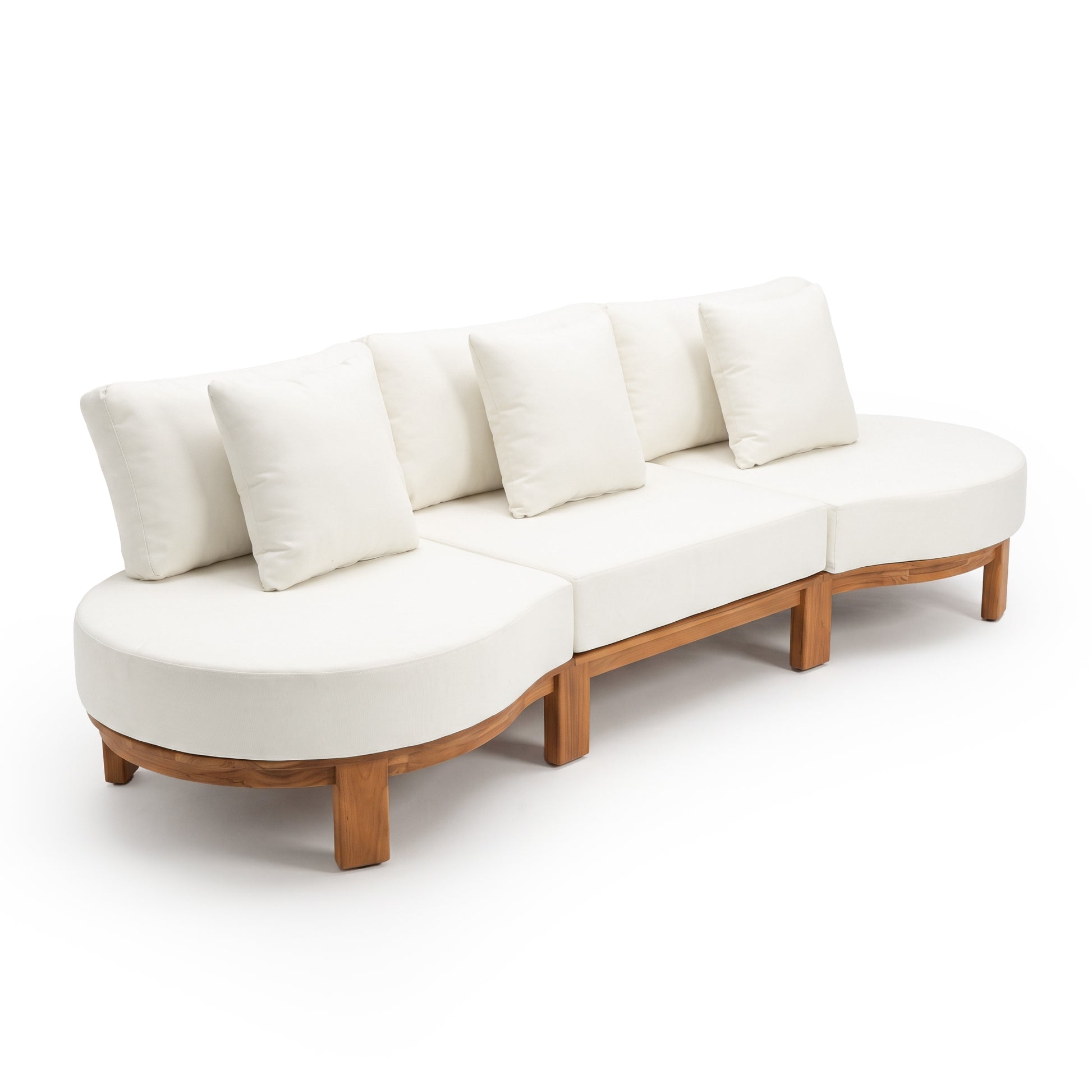 Contemporary sofa with rounded ends, wooden base, and white cushions on a white background.