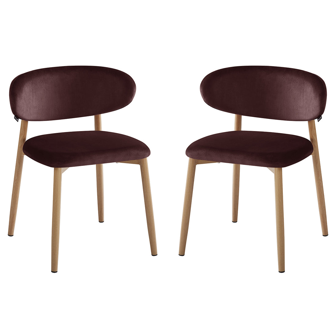 Audrey Fabric Dining Chair Set of 2 in Dark Plum features modern-style chairs with light wood-toned, splayed cylindrical legs, and plush, oval-shaped, burgundy upholstered backrests for a chic, minimalist look.