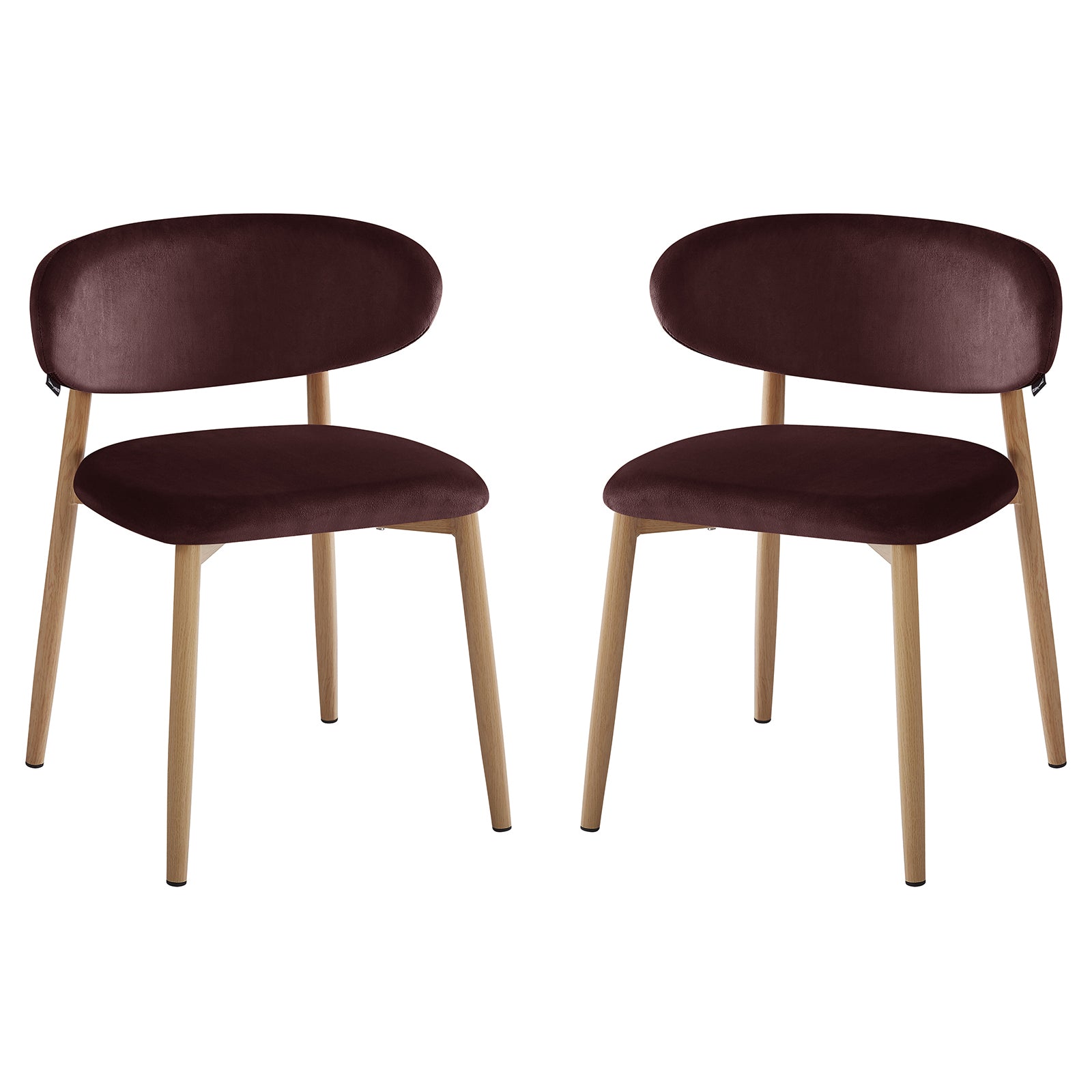 Audrey Fabric Dining Chair Set of 2 in Dark Plum features modern-style chairs with light wood-toned, splayed cylindrical legs, and plush, oval-shaped, burgundy upholstered backrests for a chic, minimalist look.