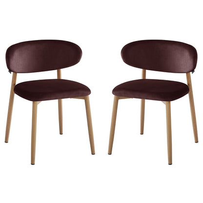 Audrey Fabric Dining Chair Set of 2 in Dark Plum features modern-style chairs with light wood-toned, splayed cylindrical legs, and plush, oval-shaped, burgundy upholstered backrests for a chic, minimalist look.