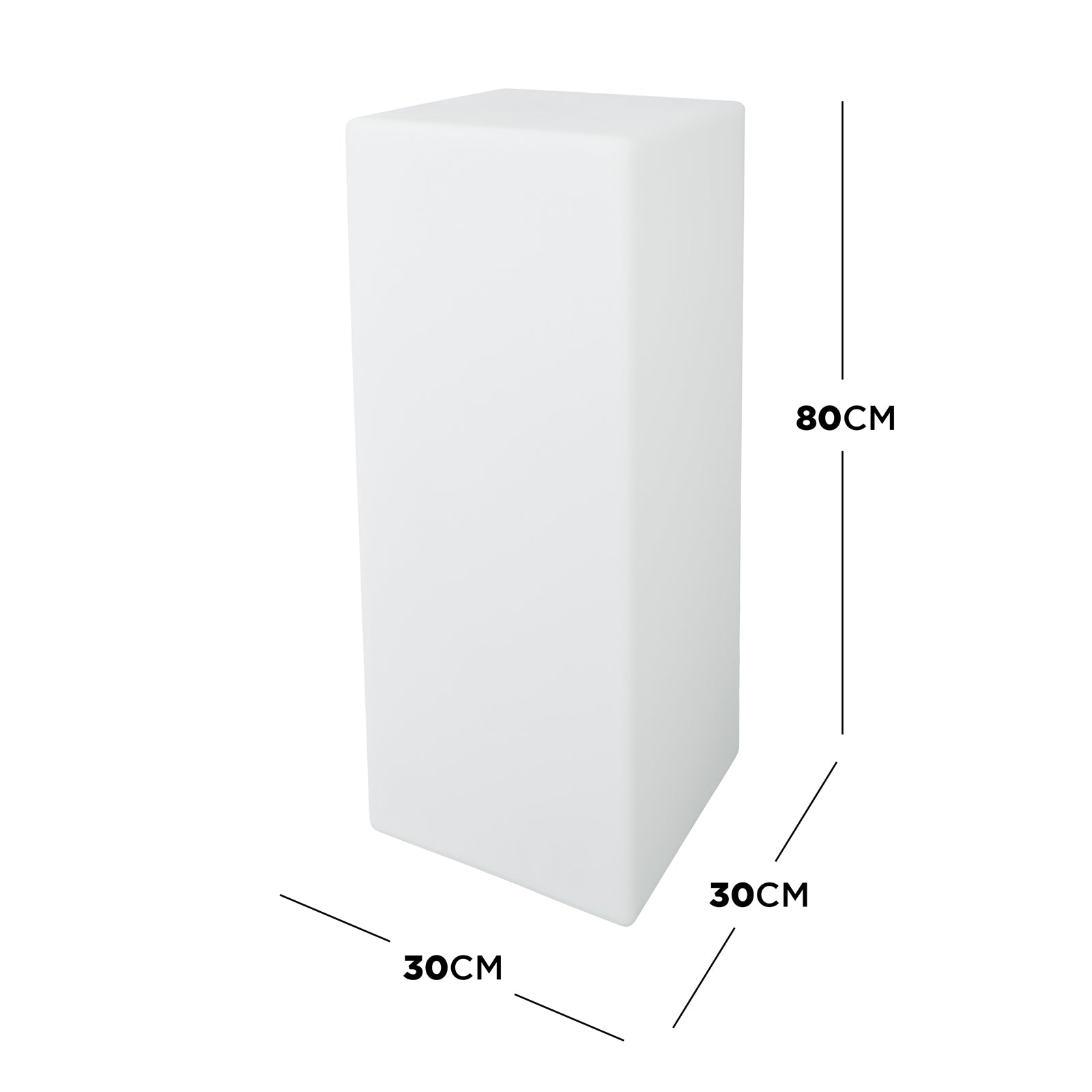 80cm Outdoor Solar LED Column Light, a sleek white rectangular prism with dimensions of 30x30x80 cm, features remote control and solar charging options for versatile, cordless outdoor lighting.