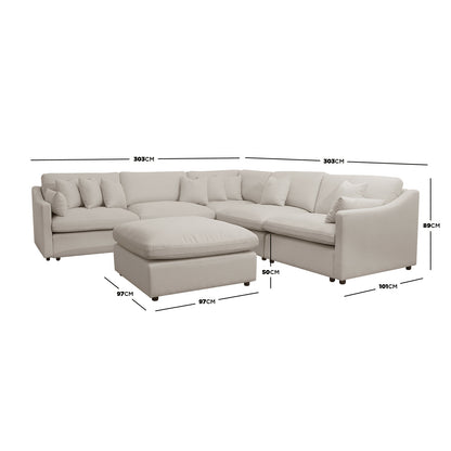 Light beige sectional sofa with ottoman and dimension lines on a white background