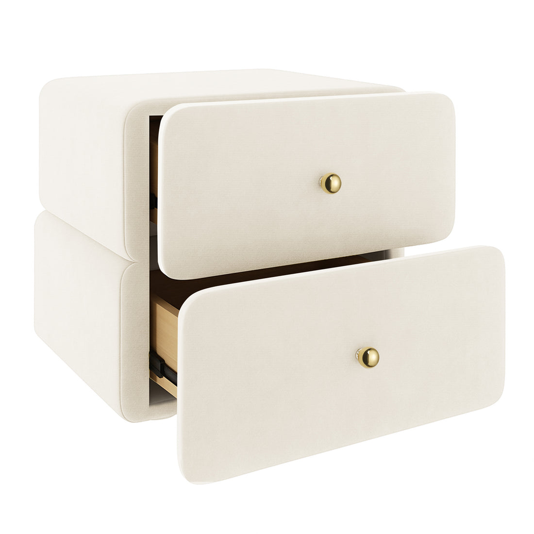 Luxo Tyla Modern Velvet Bedside Table Beige, featuring a compact two-drawer design with pale cream upholstery, rounded corners, and round brass knobs, offering a plush, space-efficient storage solution.
