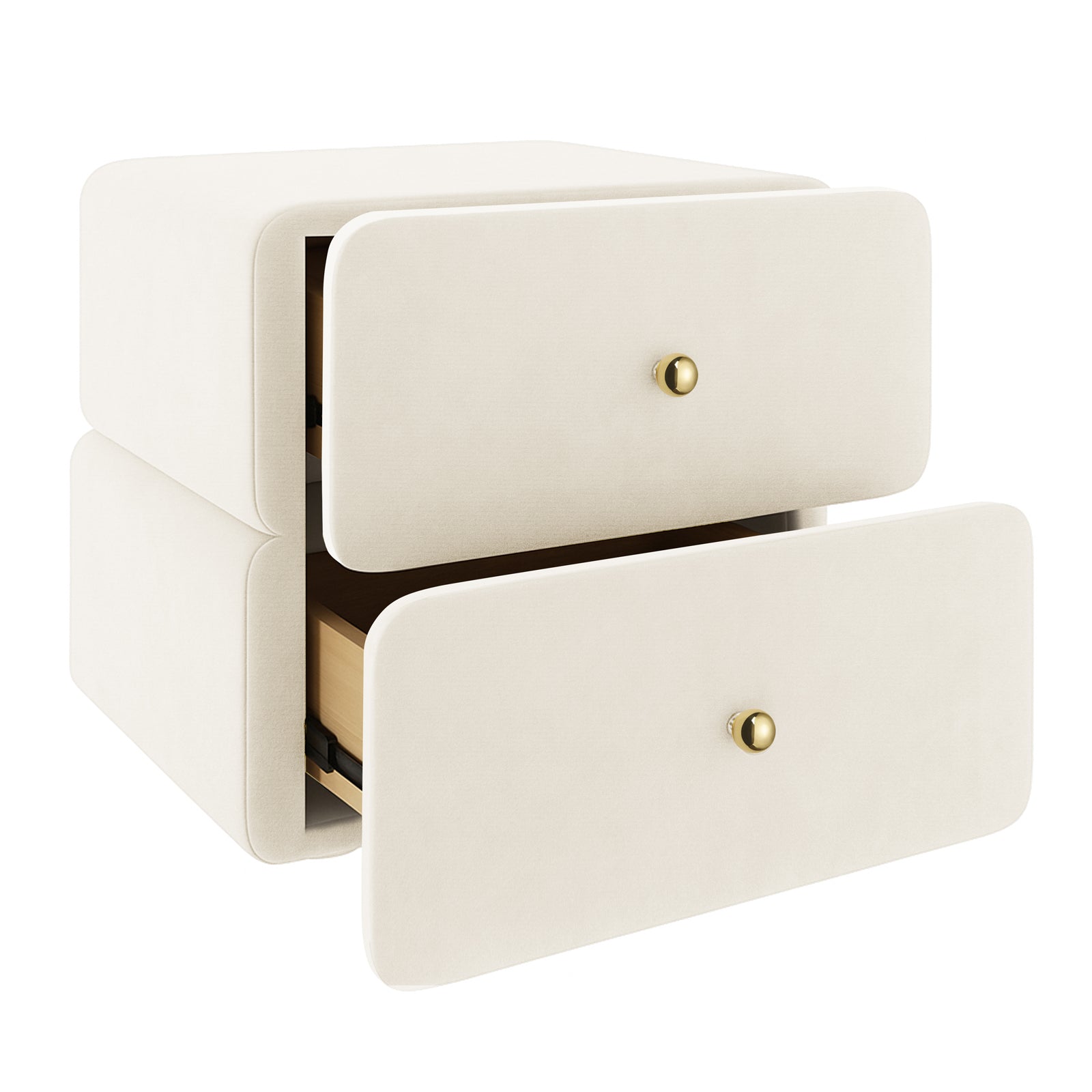 Luxo Tyla Modern Velvet Bedside Table Beige, featuring a compact two-drawer design with pale cream upholstery, rounded corners, and round brass knobs, offering a plush, space-efficient storage solution.