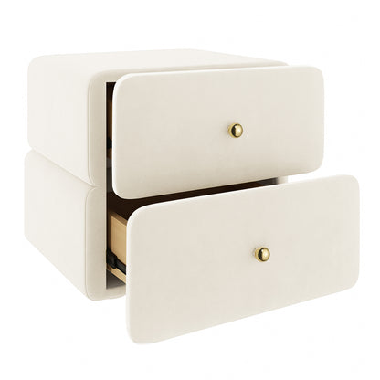 Luxo Tyla Modern Velvet Bedside Table Beige, featuring a compact two-drawer design with pale cream upholstery, rounded corners, and round brass knobs, offering a plush, space-efficient storage solution.