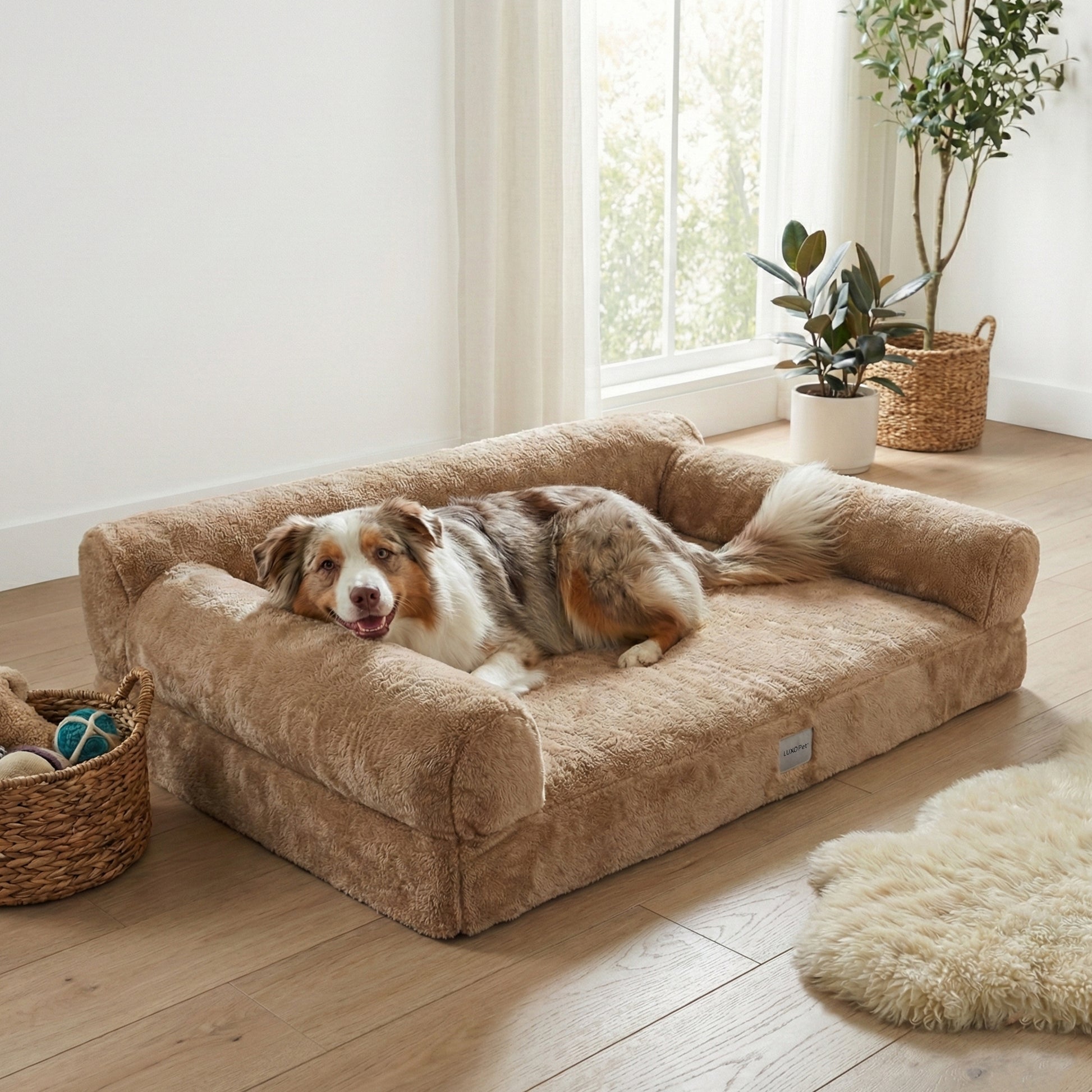 Dog lying on plush tan dog bed in a bright, cozy room