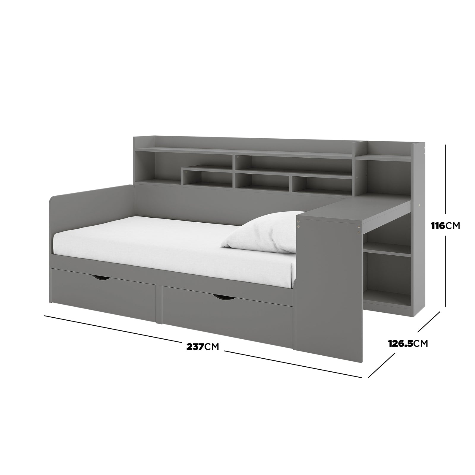 Hally Storage Single Bed with Desk and Drawers in Grey, featuring a low L-shaped design, built-in desk, two large pull-out drawers, and multiple shelves for organization and space efficiency.