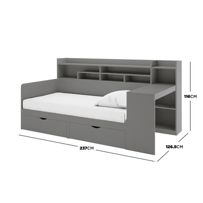 Hally Storage Single Bed with Desk and Drawers in Grey, featuring a low L-shaped design, built-in desk, two large pull-out drawers, and multiple shelves for organization and space efficiency.