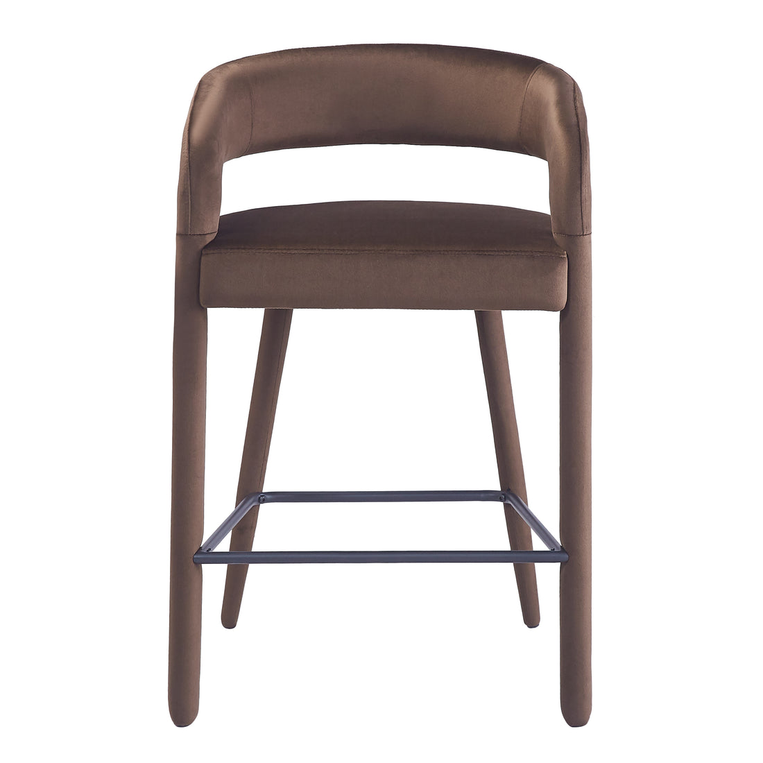 Front view of brown upholstered bar stool on white background