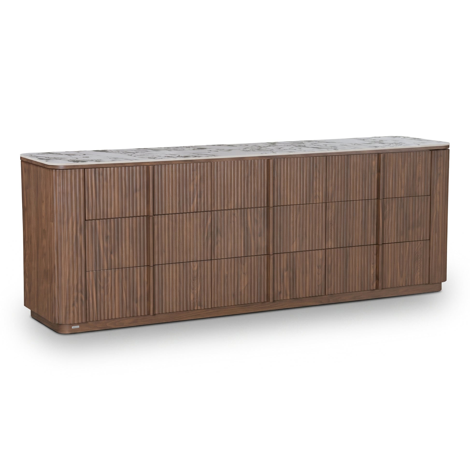 Long wooden sideboard with slatted front on white background