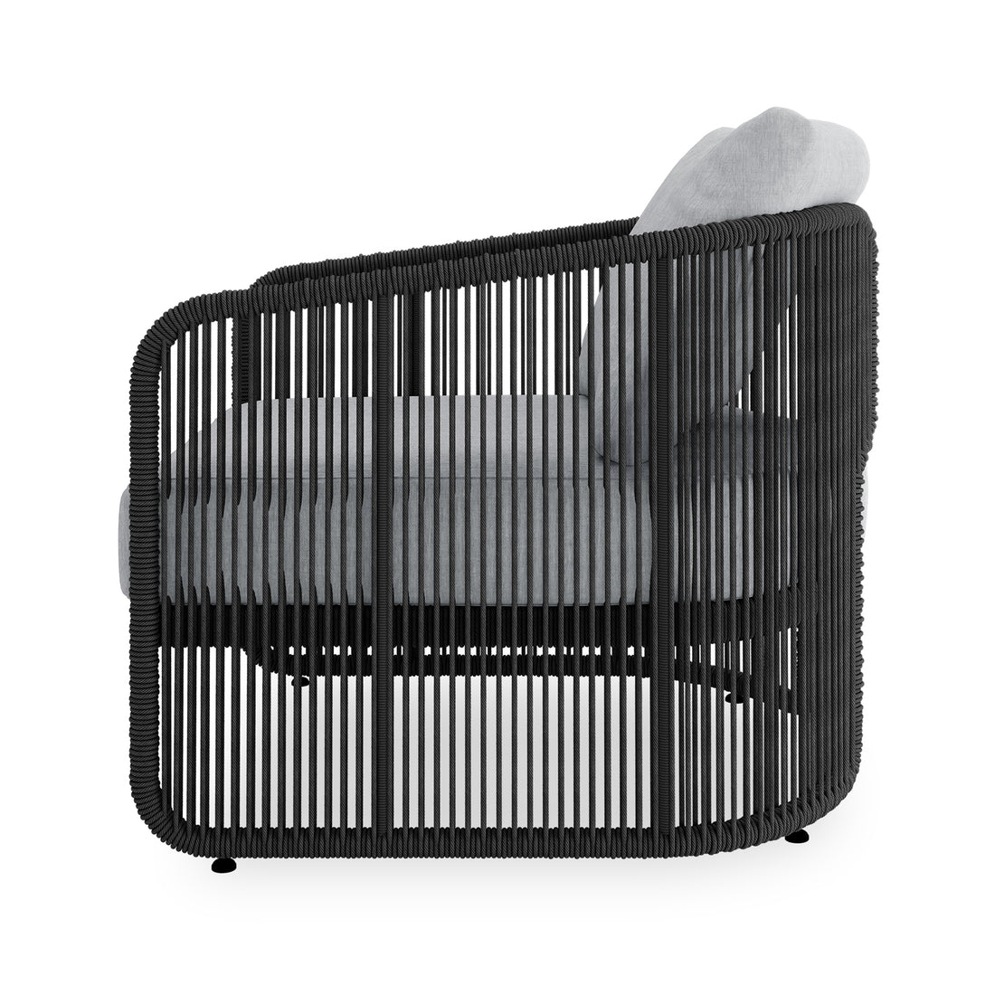 Solari 4 Seater Wicker Outdoor Sofa Set in Black, featuring a side view of a modern lounge chair with vertical black ropes, light-grey cushions, and a sleek, airy design.