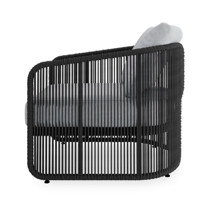 Solari 4 Seater Wicker Outdoor Sofa Set in Black, featuring a side view of a modern lounge chair with vertical black ropes, light-grey cushions, and a sleek, airy design.