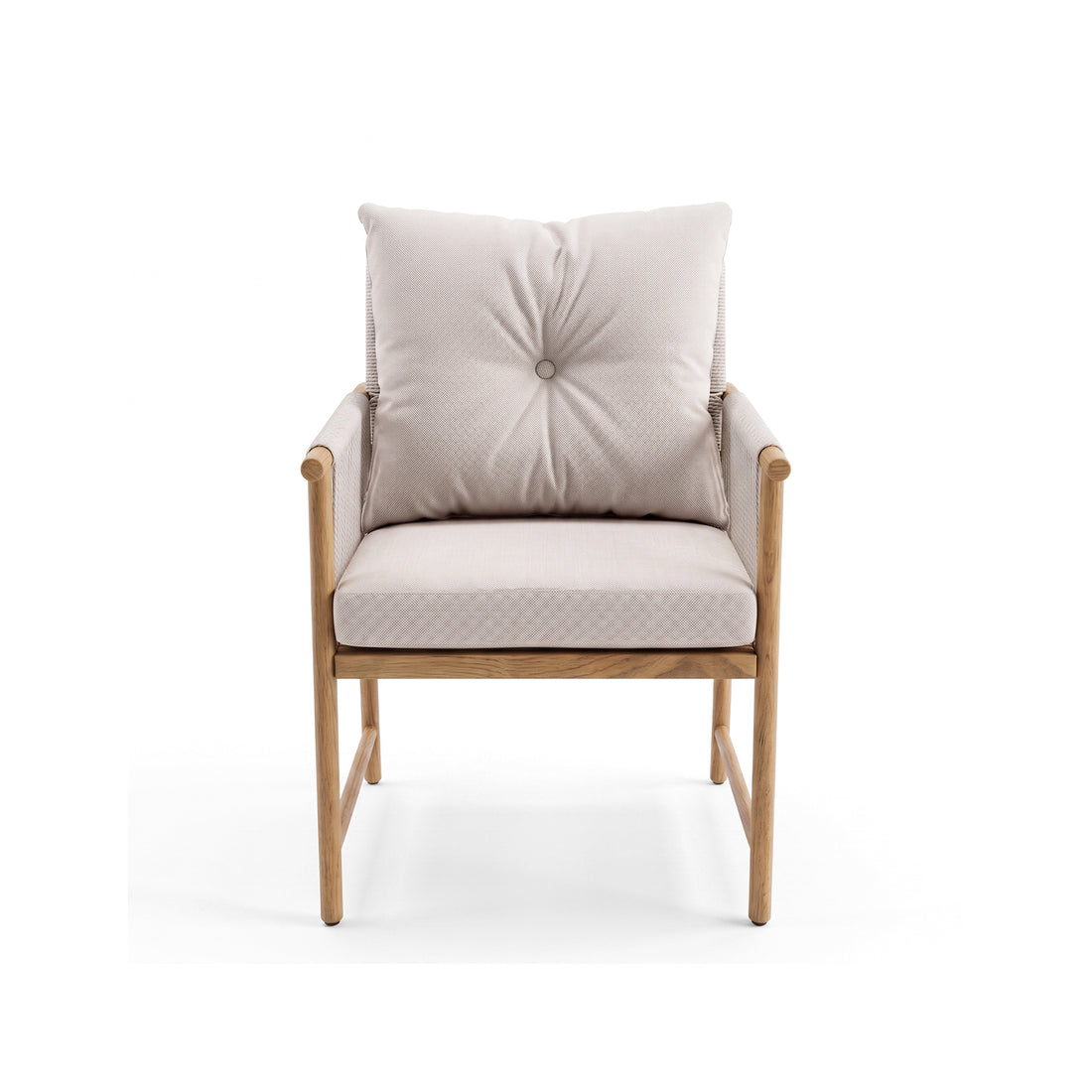 Front view of a modern armchair with light wood frame and beige cushions on white background