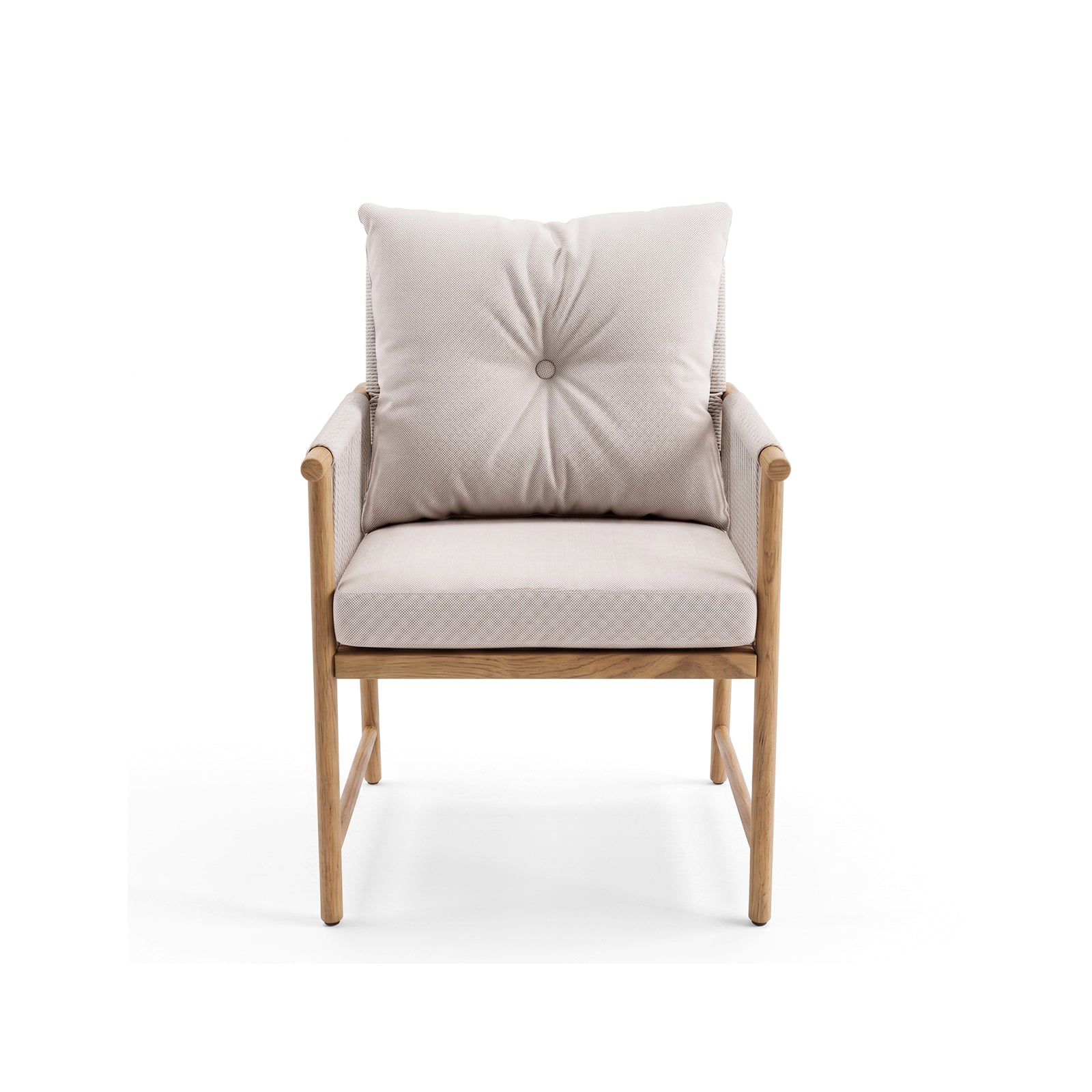 Front view of a modern armchair with light wood frame and beige cushions on white background