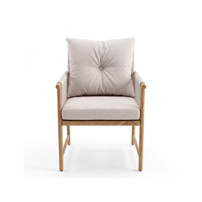 Front view of a modern armchair with light wood frame and beige cushions on white background