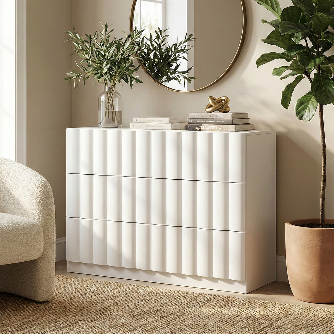 Modern white six-drawer dresser in bright styled living room with decor