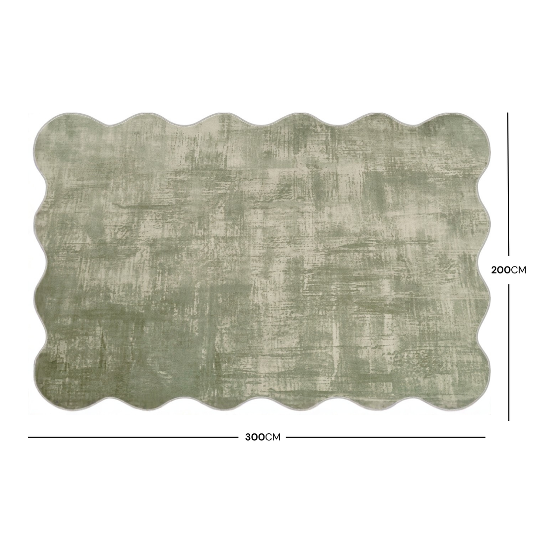 Rectangular sage green area rug with scalloped edges shown on a white background with 200 cm by 300 cm dimensions marked.
