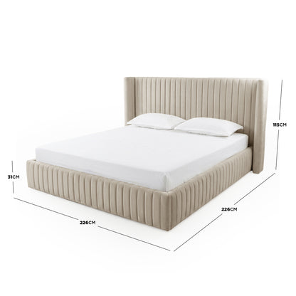 Beige upholstered king bed with dimension lines and measurements on white background