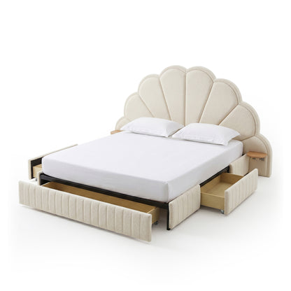 Upholstered platform bed with open storage drawers on white background