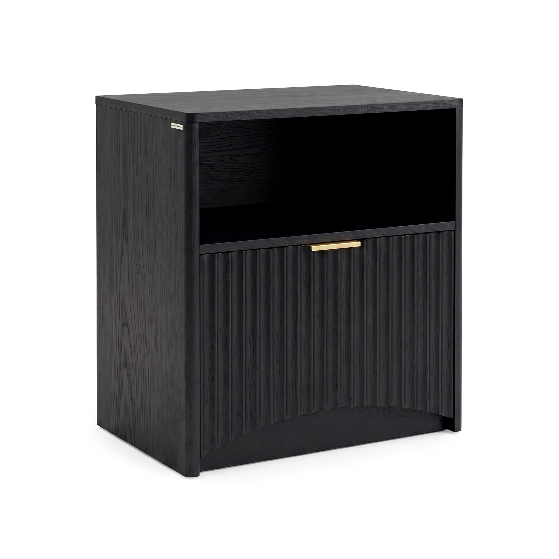 Black modern nightstand with open shelf and fluted lower door on a white background