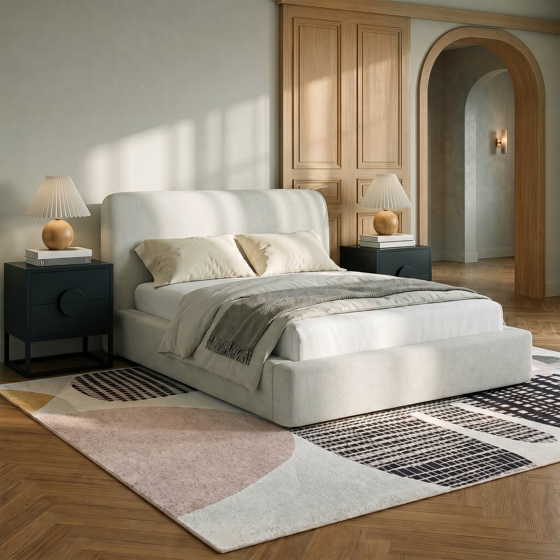 Modern upholstered bed styled in a contemporary bedroom setting