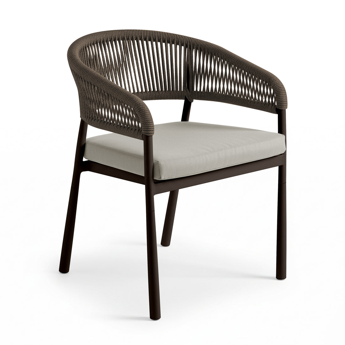 Coastal Outdoor Rope Dining Chairs Set of 2 in Brown featuring a dark frame, slender legs, woven rope backrest merging into armrests, and a light seat cushion, embodying modern coastal style.