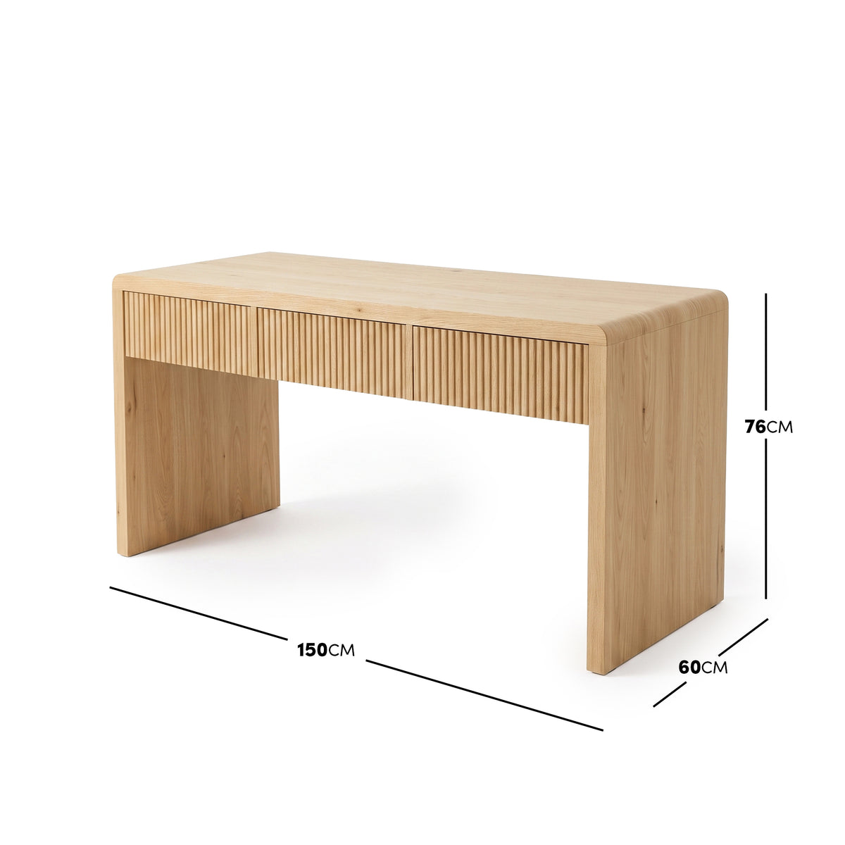 Light wood desk on a white background with dimension lines showing 150cm by 60cm by 76cm.