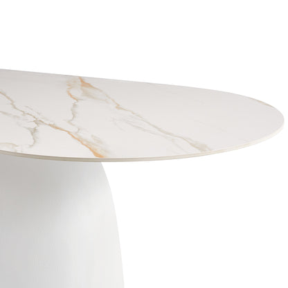 Close angled partial view of a modern oval marble-look table on a white background